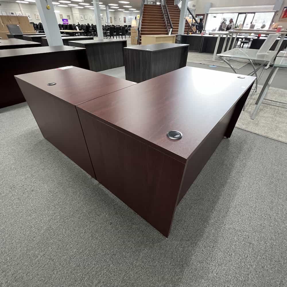 mahogany laminate l-desk right return with two pedestals
