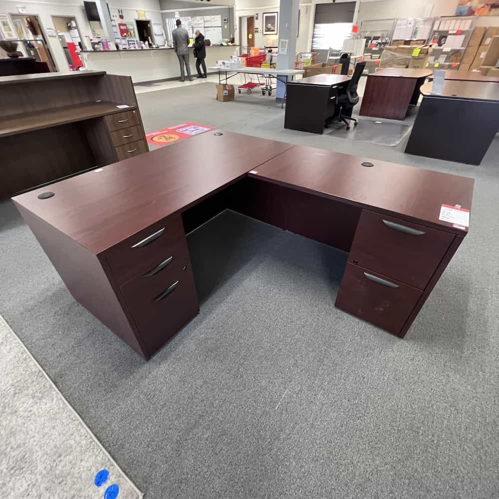 mahogany laminate l-desk right return with two pedestals