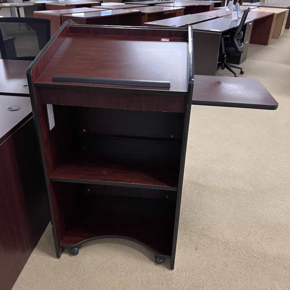 mahogany podium lecturn, laminate, rolling mobile