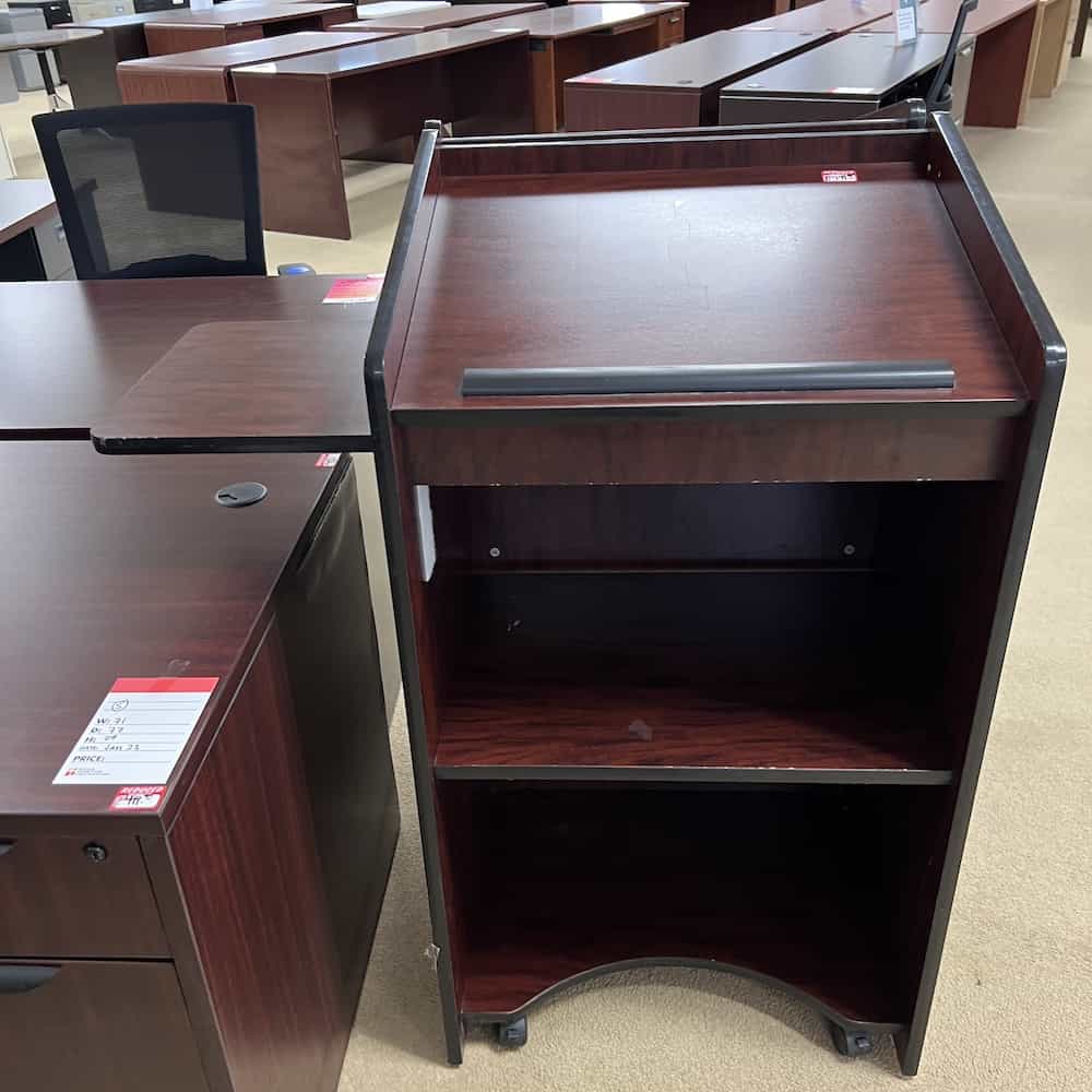 mahogany podium lecturn, laminate, rolling mobile