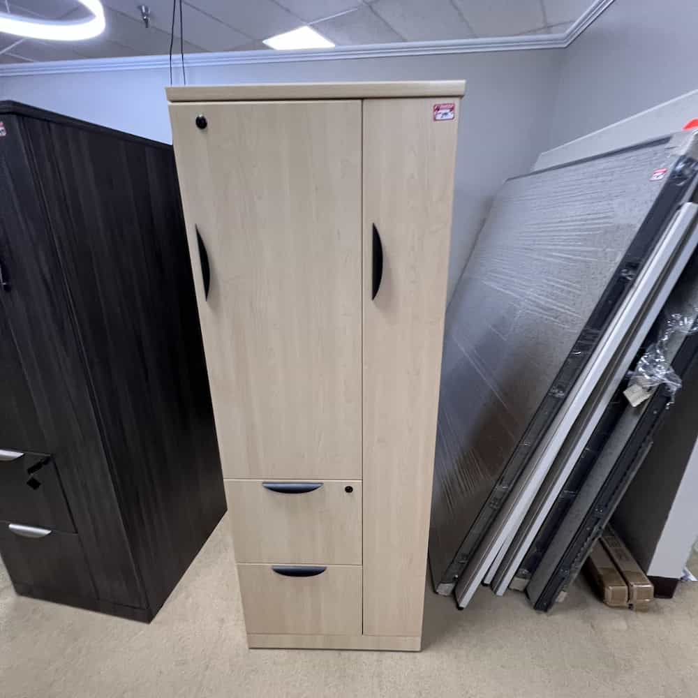 maple laminate wardrobe with black pulls and file file
