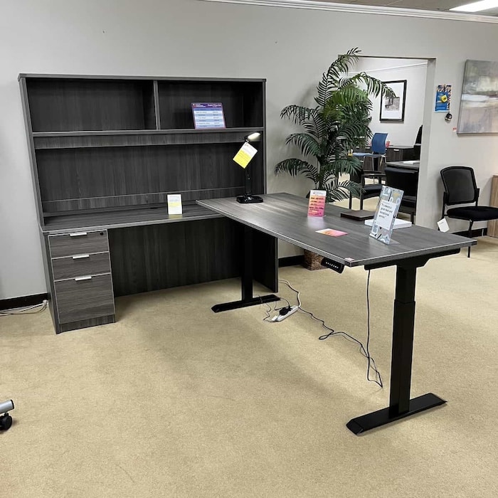 new height adjustable set with L-desk, credenza, and hutch in grey laminate