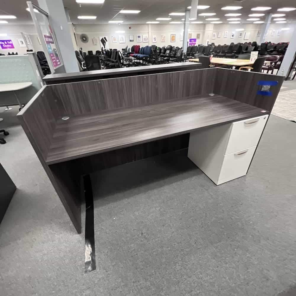 grey laminate reception desk with white file/file cabinet, no transaction top