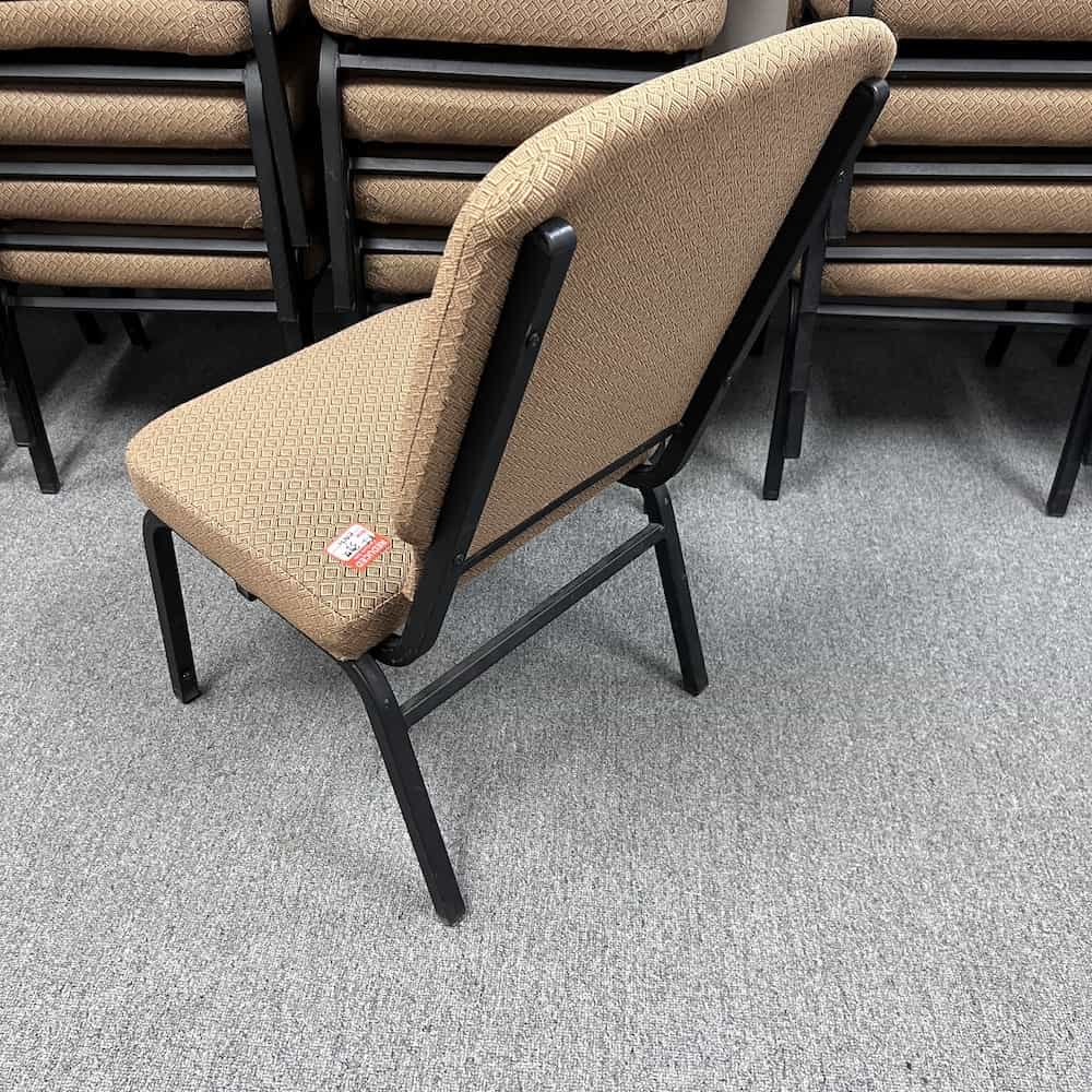 Tan upholstered banquet chair, black metal legs, stacking, KPI seating