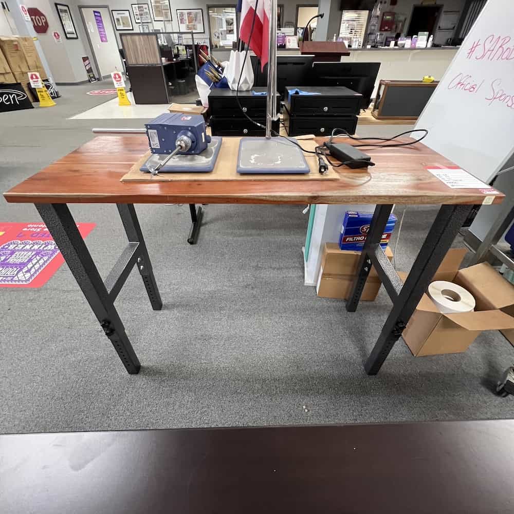 grey metal base with butcher block top work bench desk
