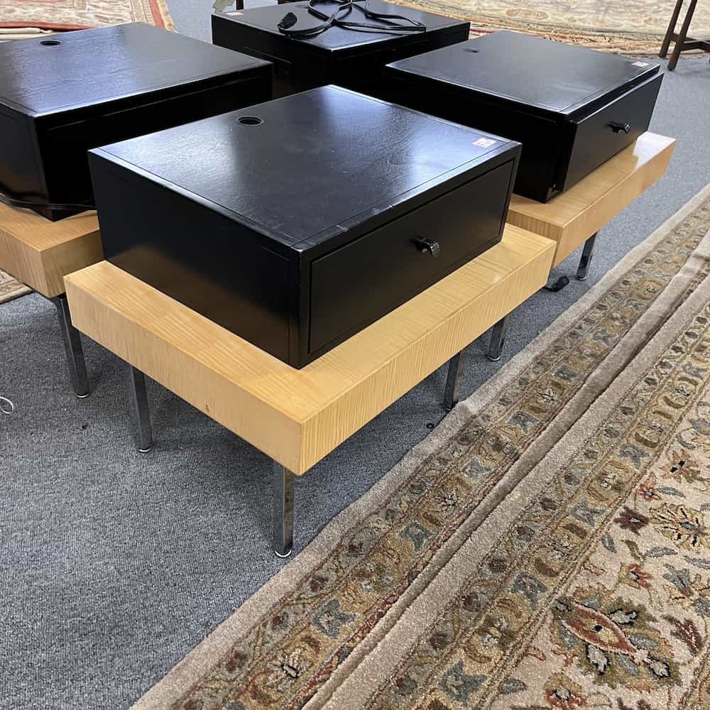 black and maple with chrome legs nightstands with electric plug and one drawer