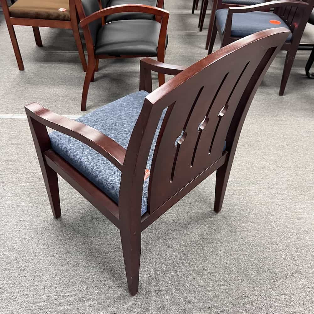 blue upholstery with mahogany slat back guest chair