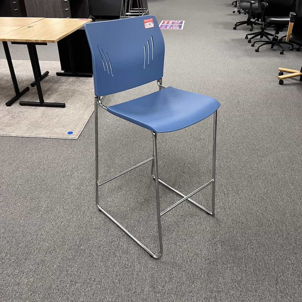 blue plastic cafeteria bar height stool with chrome legs