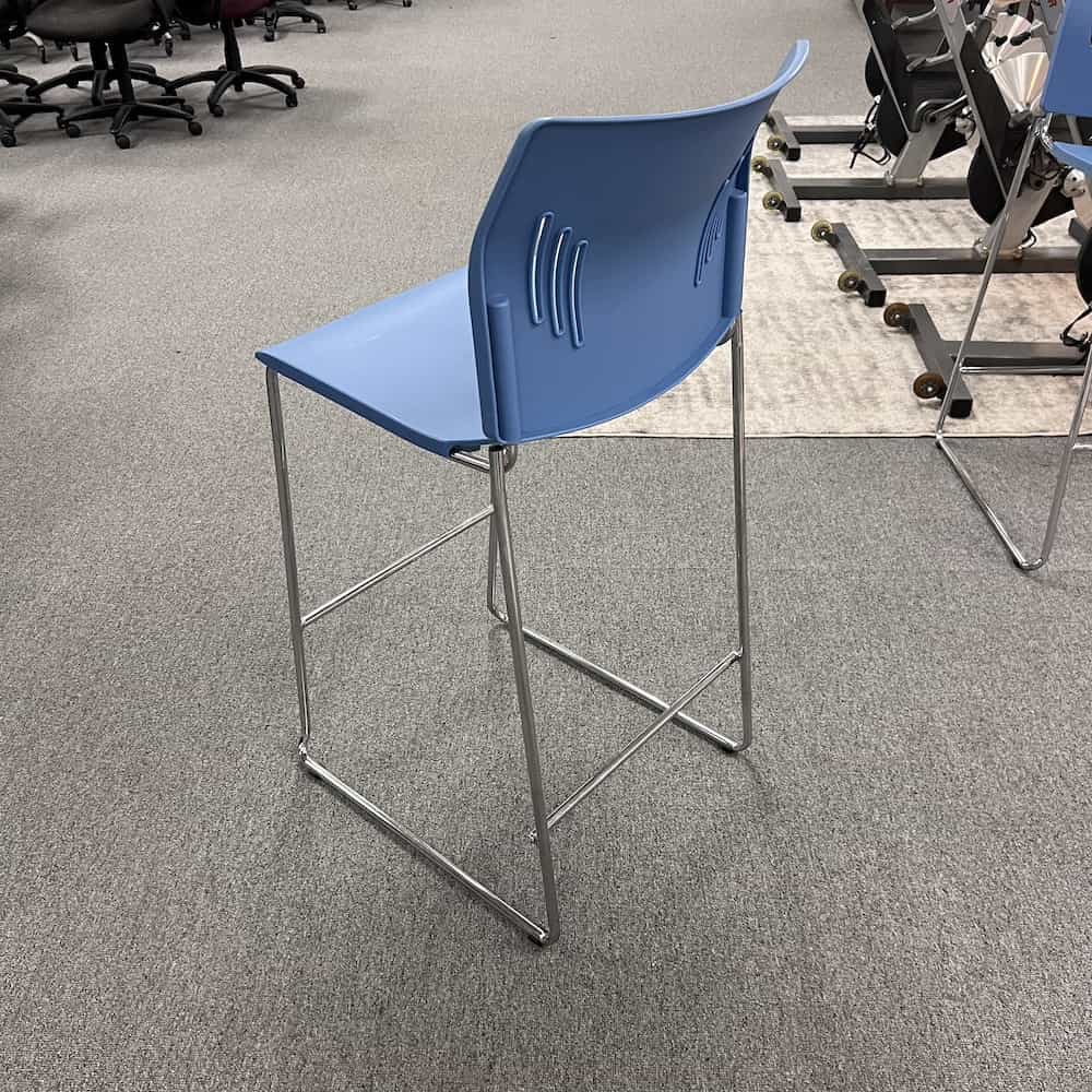 blue plastic cafeteria bar height stool with chrome legs