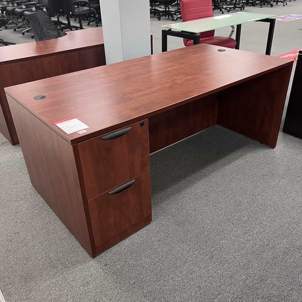 cherry laminate desk 71x36 with file/file pedestal black handle pulls