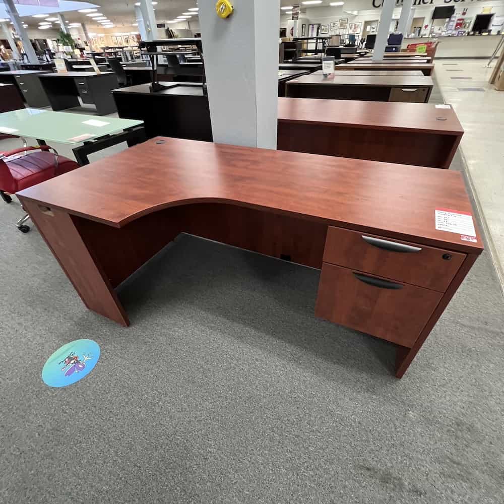 cherry laminate pork chop l-desk left return and one hanging box file, black handle pulls