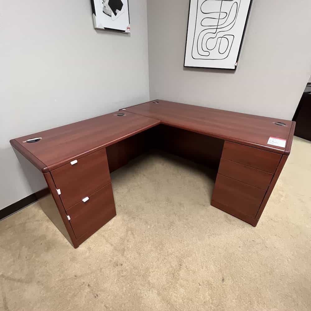 cherry l-desk right return 2 pedestal files hon, rounded edges