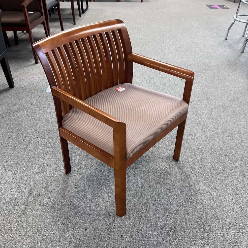 sand upholstery, cherry veneer wood back slats and arms, guest chair