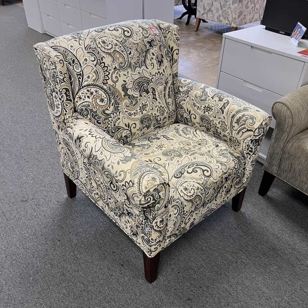 gray green paisley and beige arm chair watercolor pattern uphosltery espresso legs