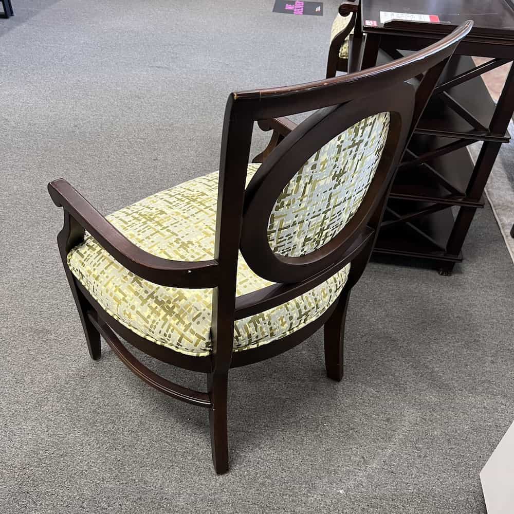 green upholstery and espresso frame cafe chair with round back