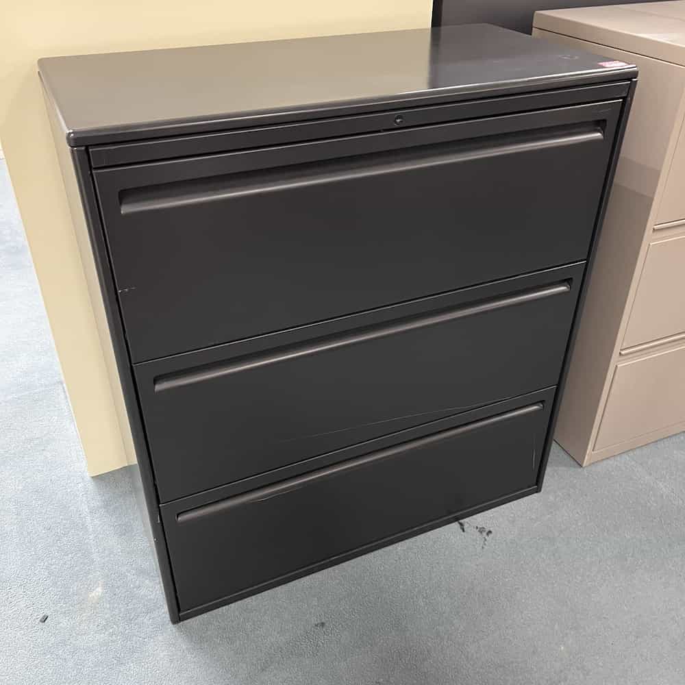 dark grey haworth three drawer lateral file metal