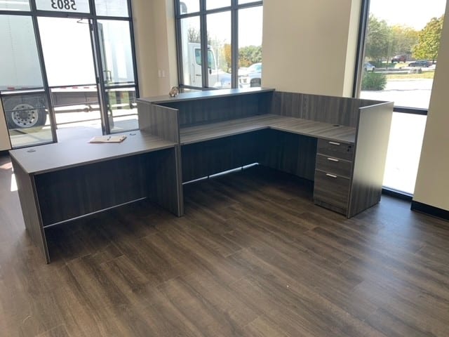 grey laminate a reception area, front office, reception l-desk with table,