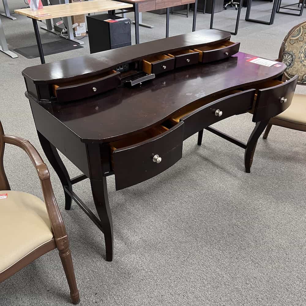 espresso writing desk with electric plug and drawers