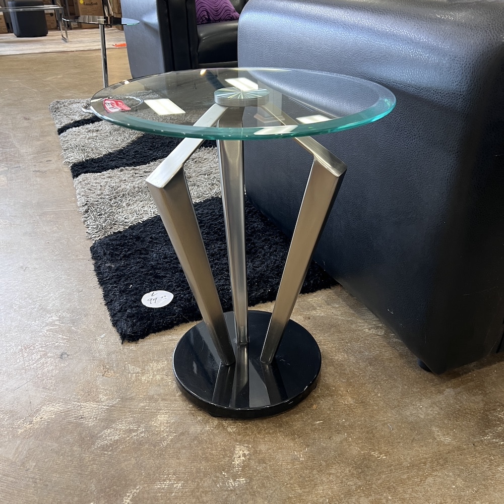 glass round top post modern side table black base