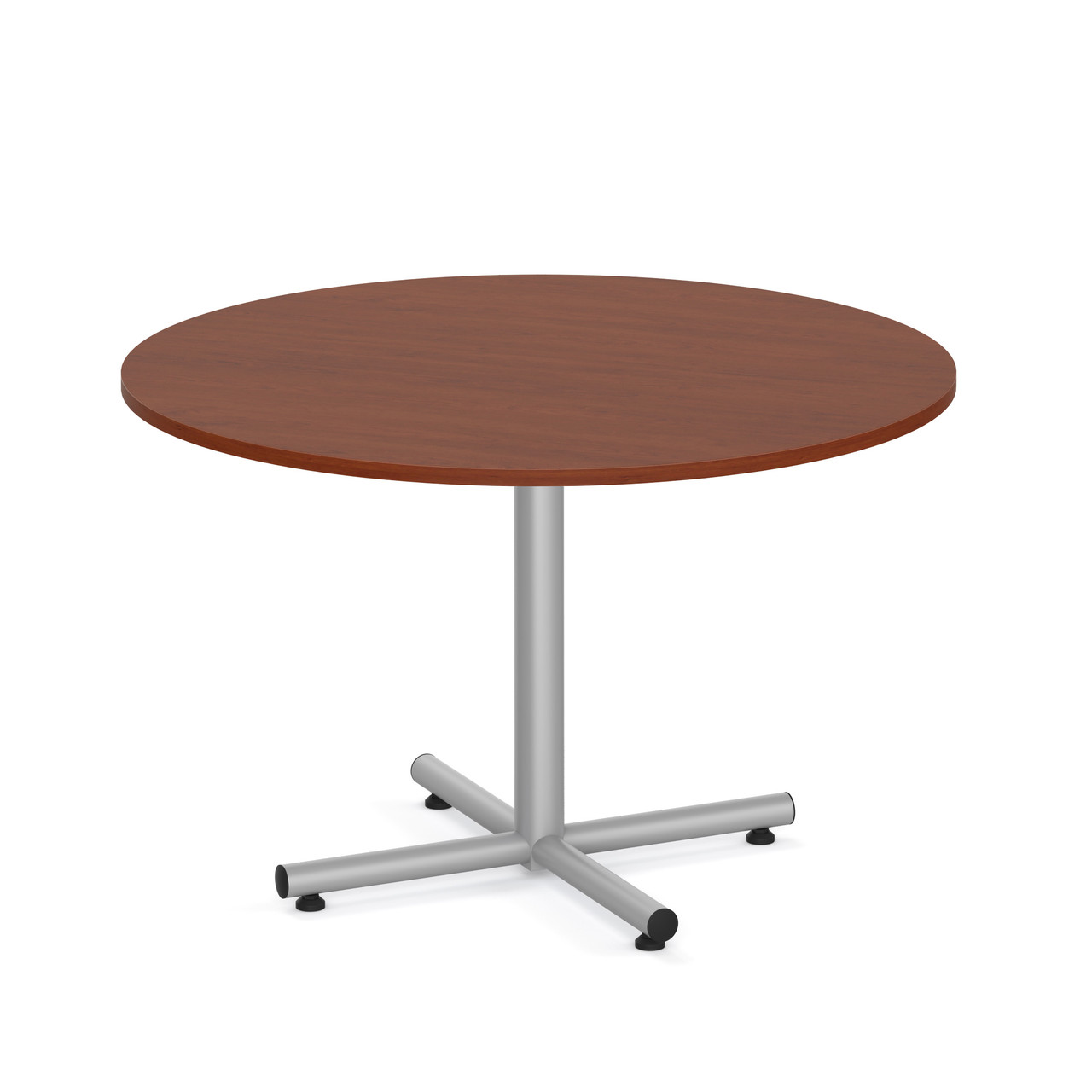 cherry laminate round break room cafe dining table modern with metal cross base grey silver office furniture