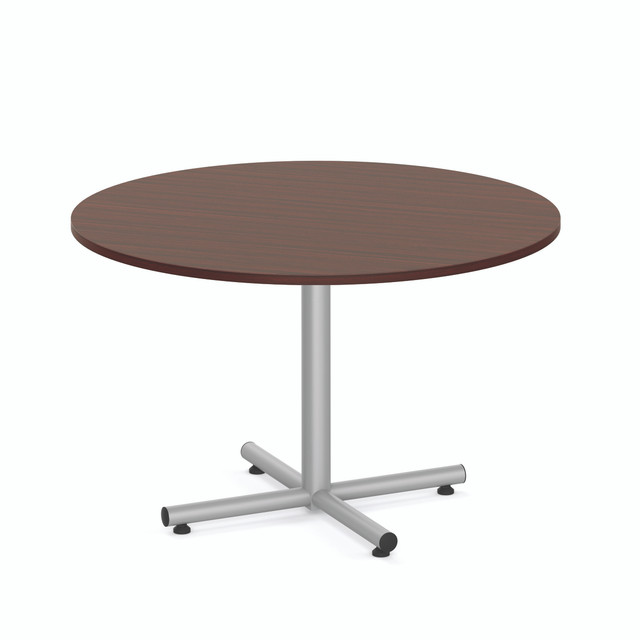 mahogany laminate round break room cafe dining table modern with metal cross base grey silver office furniture
