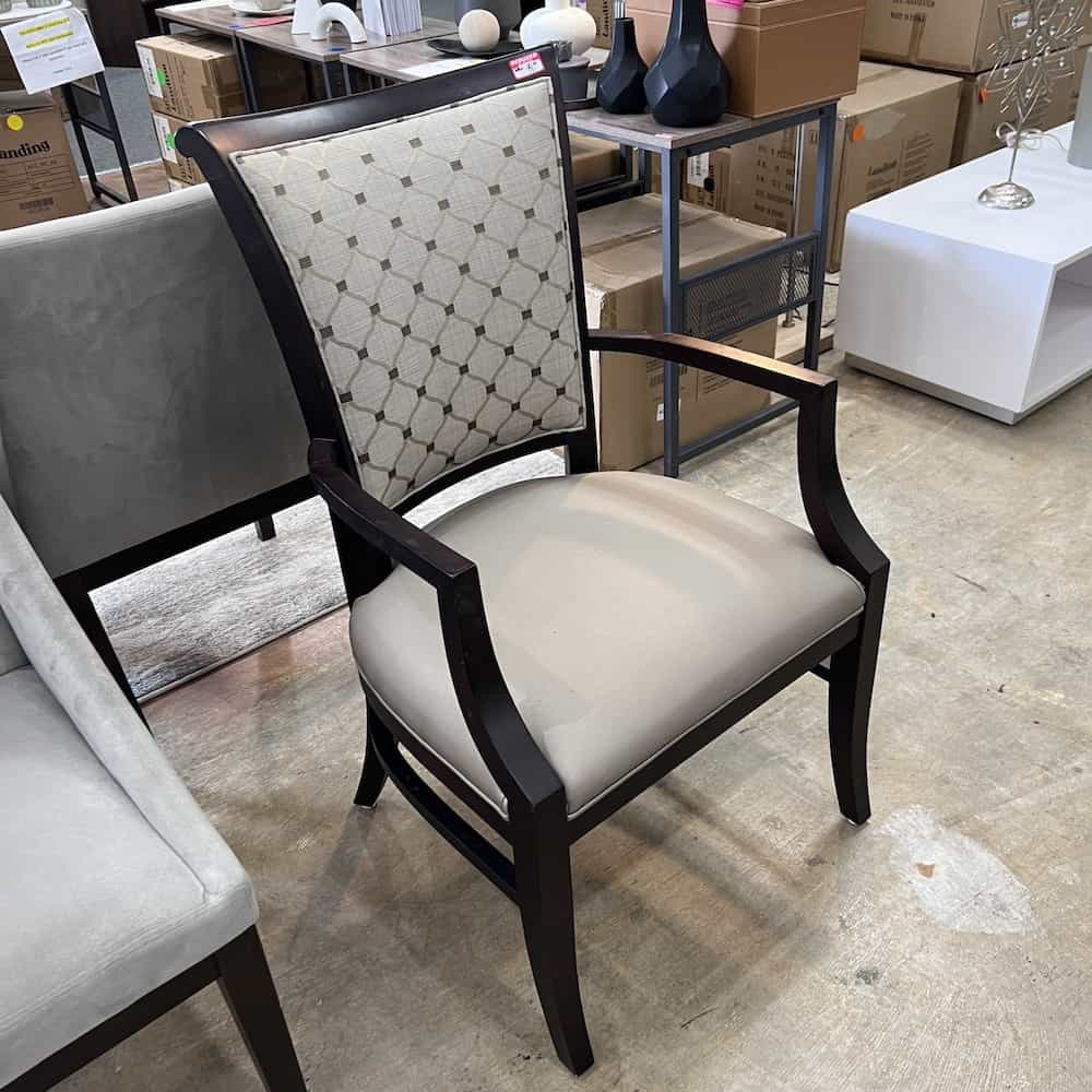 taupe vinyl seat and diamond pattern upholstered back transitional arm chair
