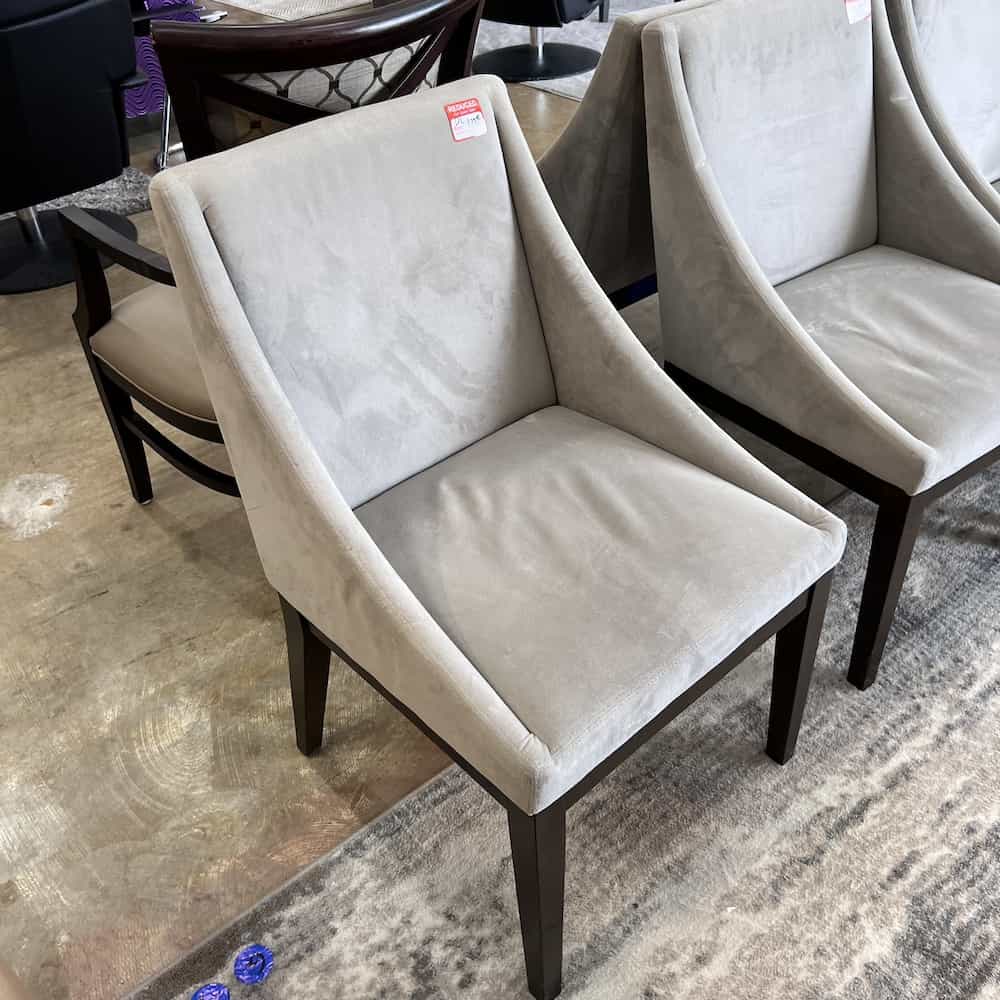 grey velour upholstery triangle sides, espresso legs, west elm used dining chair