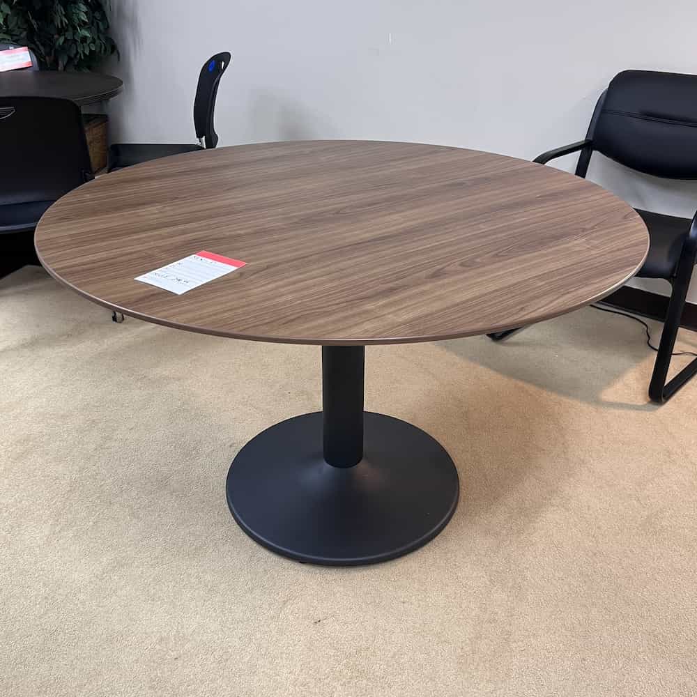 walnut laminate round table 48" with black fluted base break room