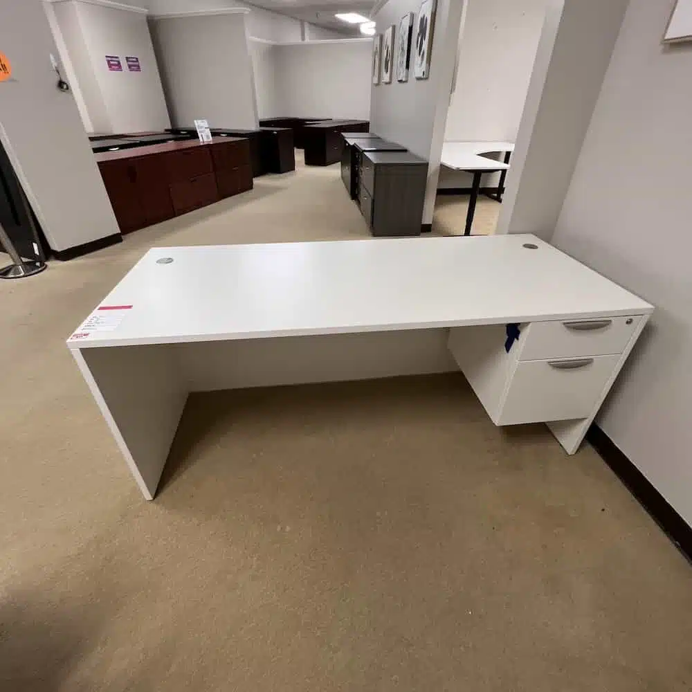 white laminate desk with hanging box file and silver pulls 71x30