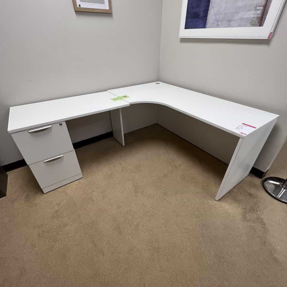 white laminate l-desk left return with one file file and silver handles