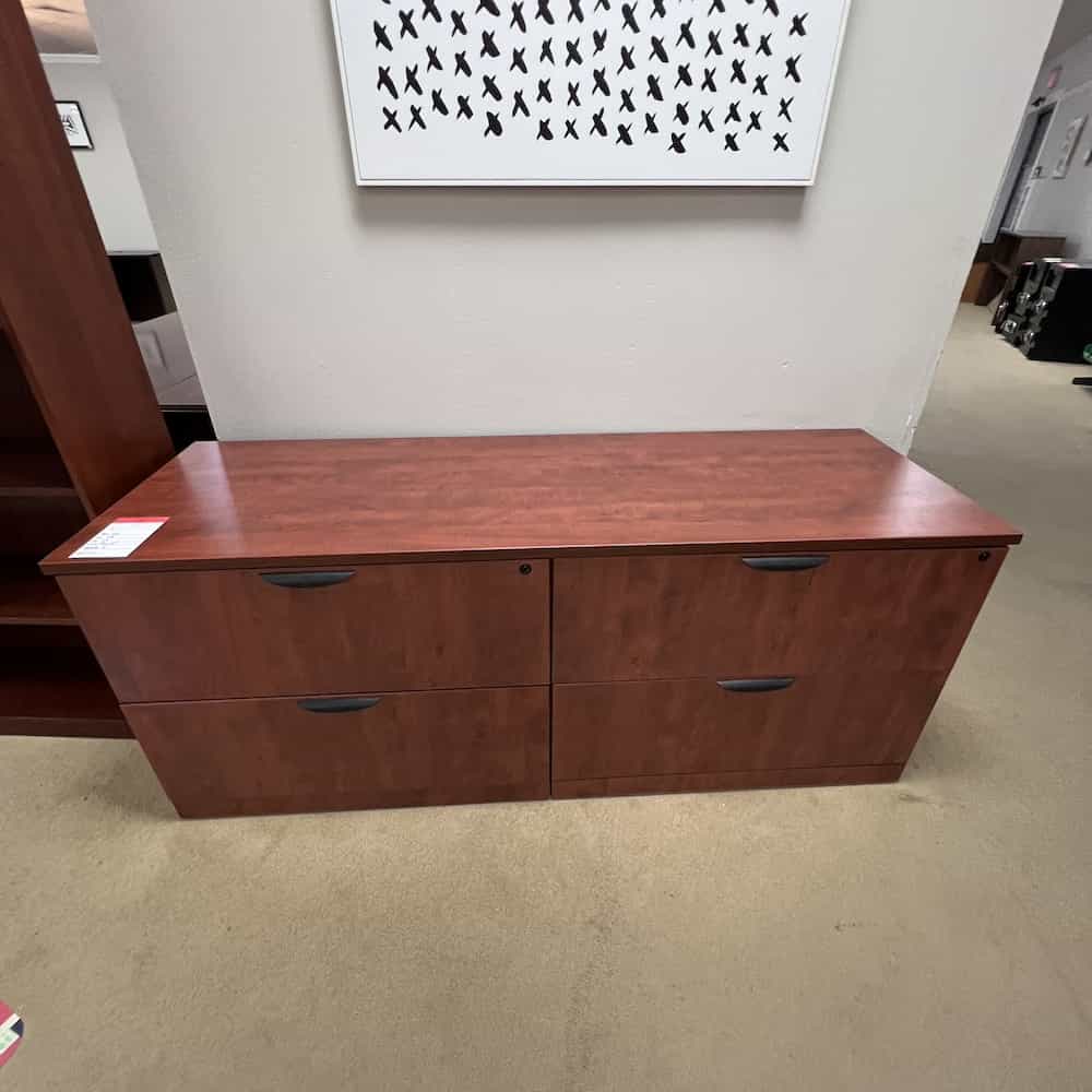 cherry laminate and black pulls 4 drawer lateral credenza
