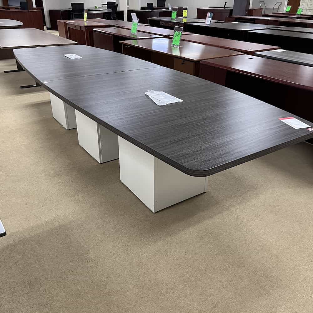 coastal grey laminate top conference table boat shaped 12 ft with 3 white cabinet box bases