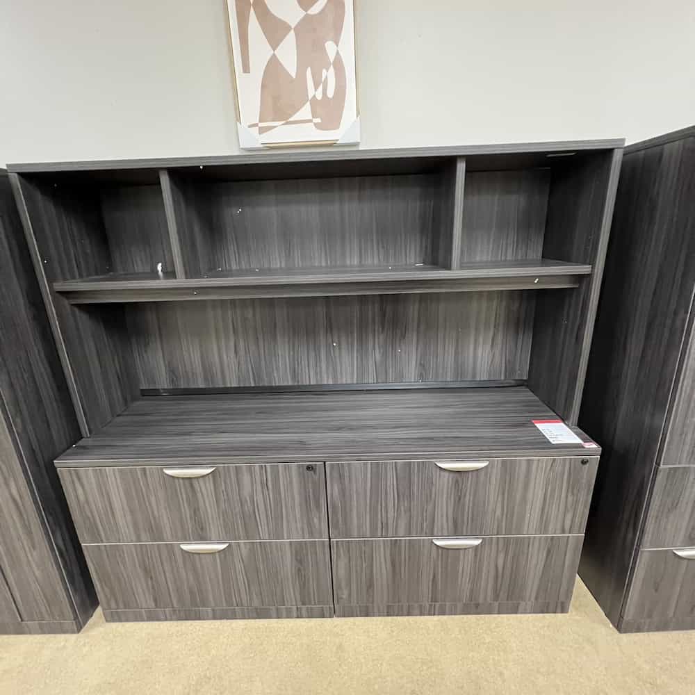 coastal grey 4 drawer credenza with hutch with silver pulls