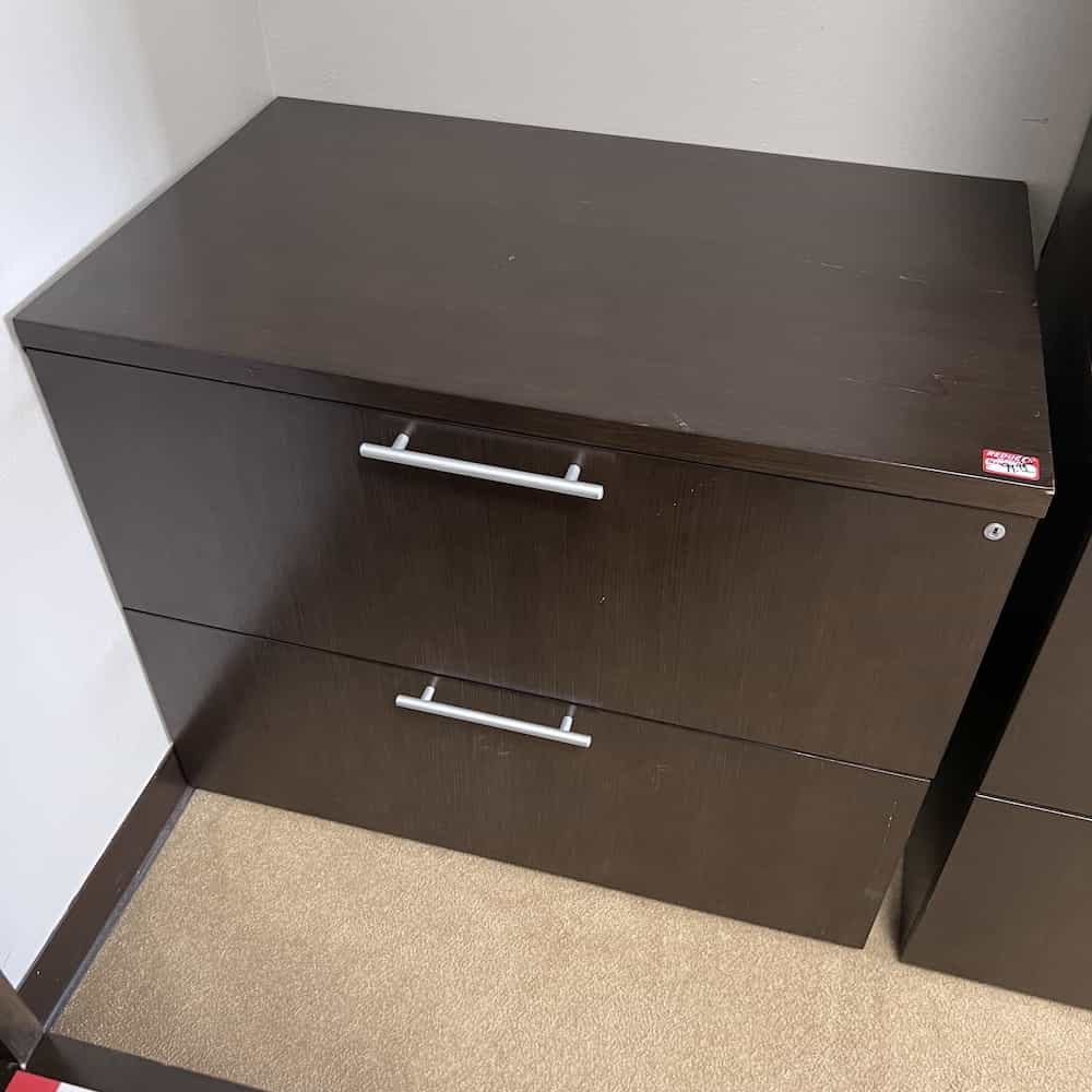 espresso veneer 2 drawer lateral with silver straight pulls 36 x30