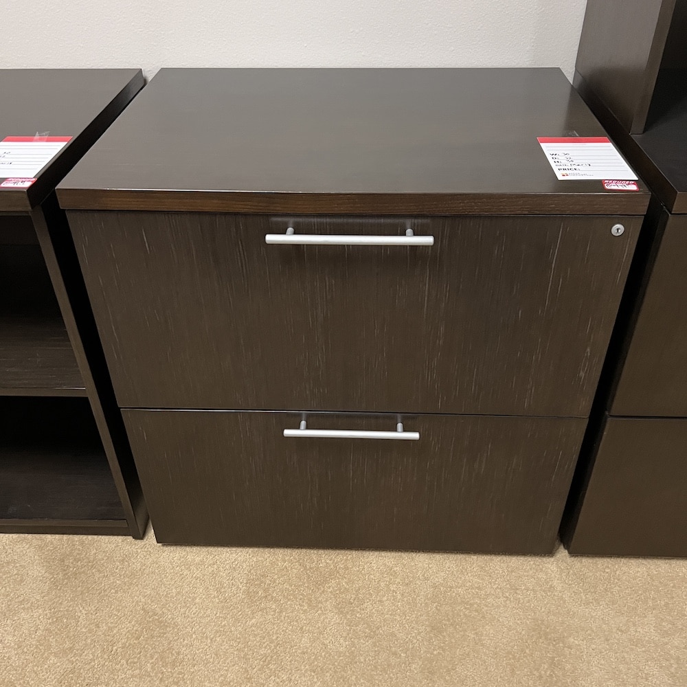 espresso veneer 2 drawer lateral with silver straight pulls 30 x30