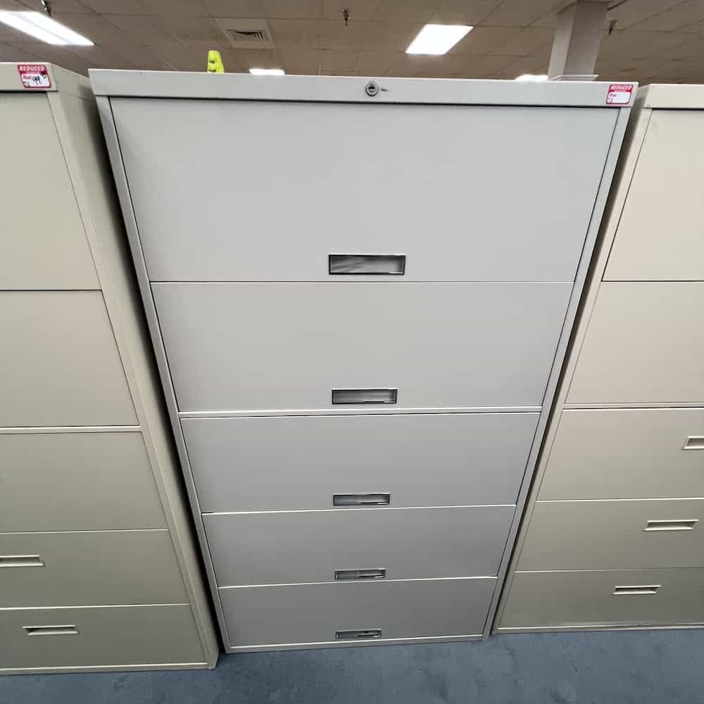 light grey steelcase metal 5 drawer lateral file with all retractable drawers