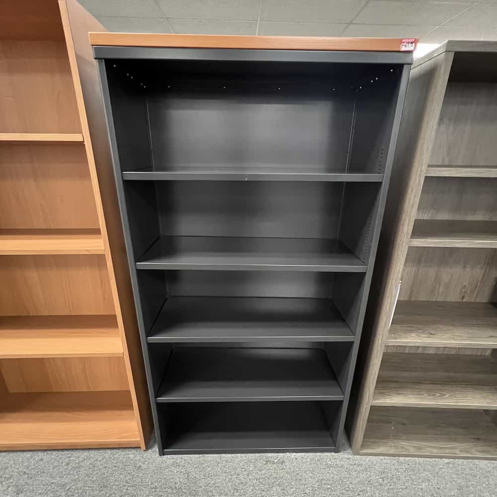 grey metal bookcase, laminate top teknion brand