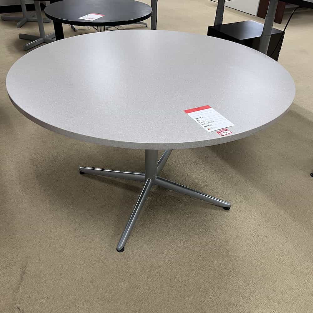 light grey laminate break room table with silver base