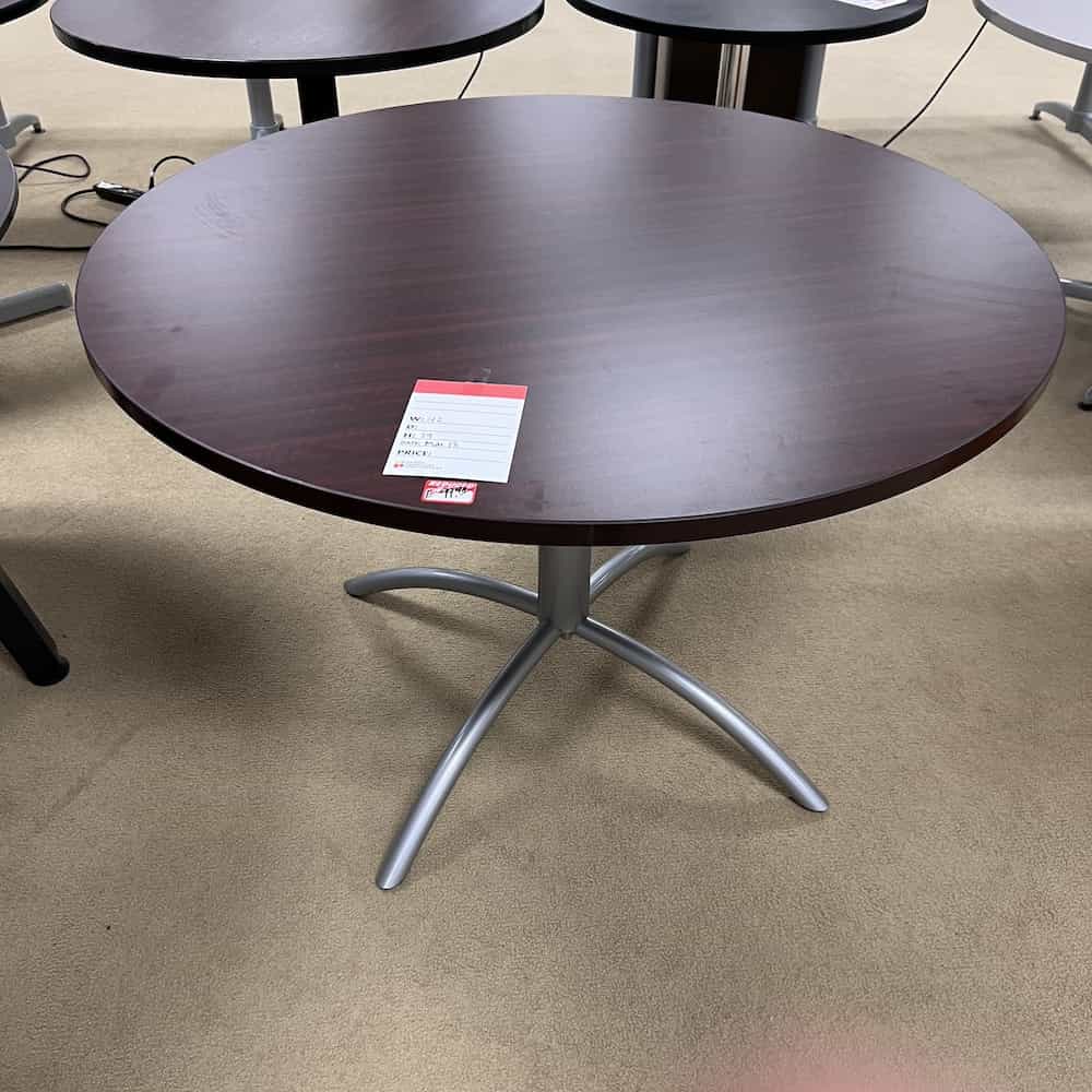 mahogany laminate break room table with silver base