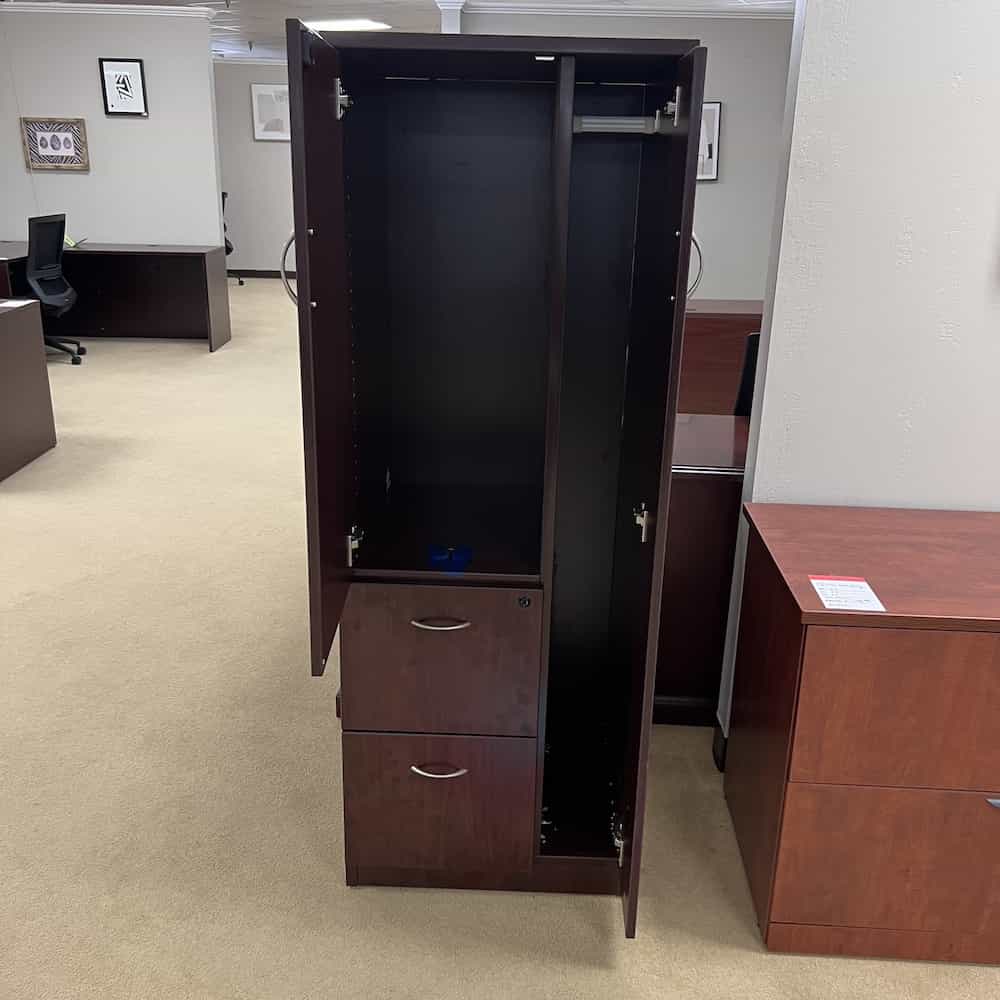 mahogany wardrobe cabinet laminate with silver small round handle pulls