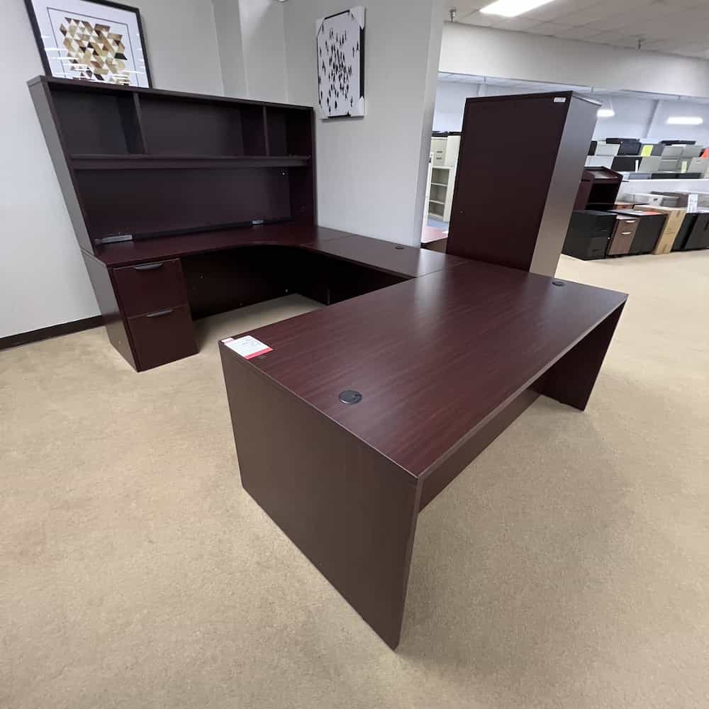 mahogany u-desk left return with hutch and two pedestal files