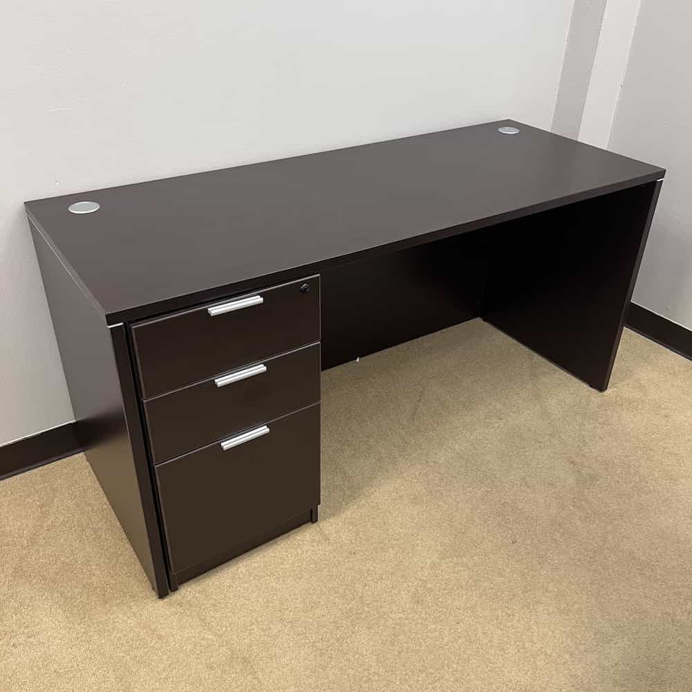 new laminate credenza desk with one box box file drawer set. Show in espresso with silver pulls