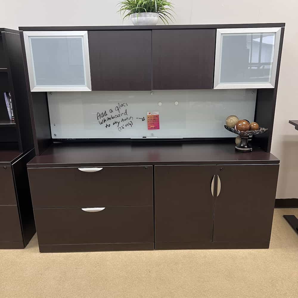 new espresso credenza with hutch and dry erase board, 2 laminate doors and 2 glass doors