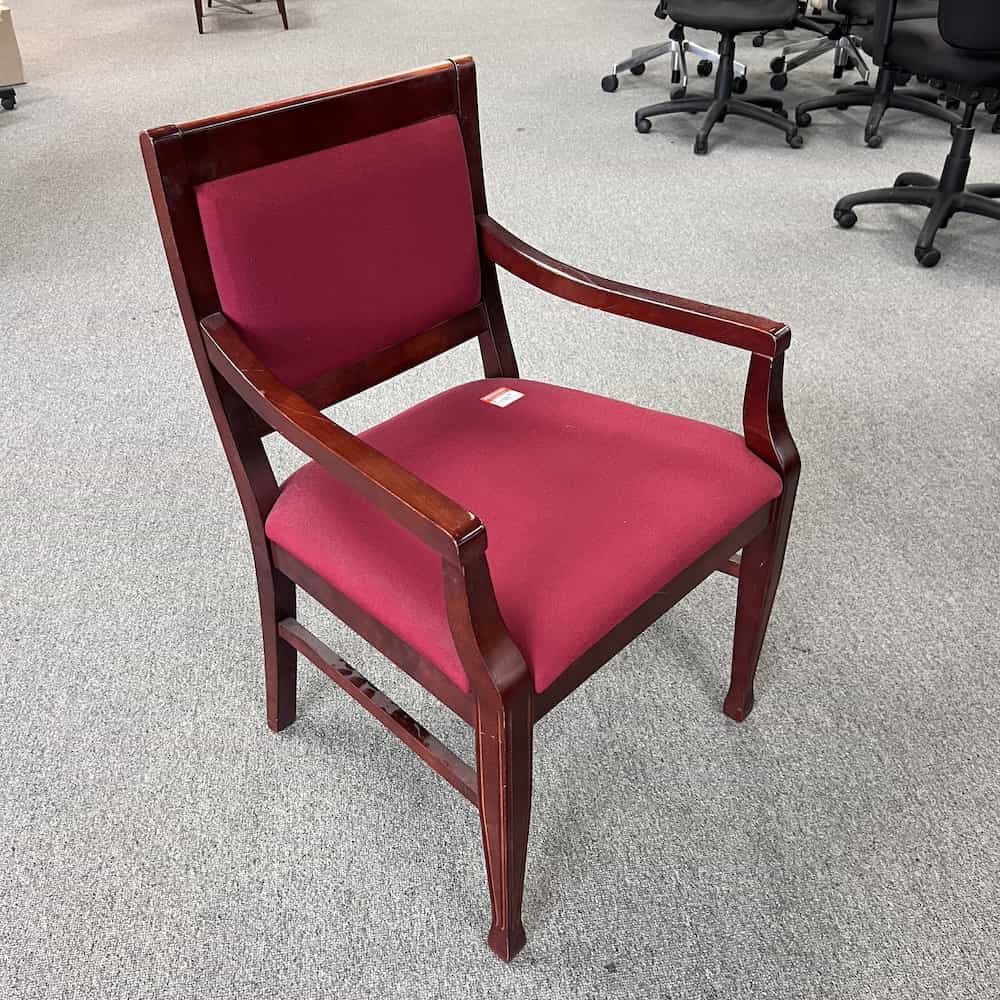 red cushion seat and back guest chair with transitional style cherry veneer frame and arms, steelcase brand