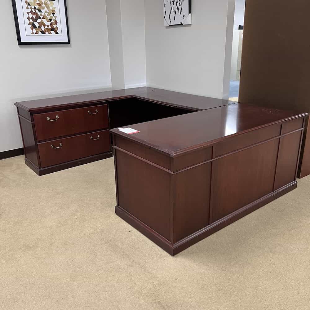 vintage mahogany steelcase wood u-desk left return 2 drawer lateral in credenza, brass handles