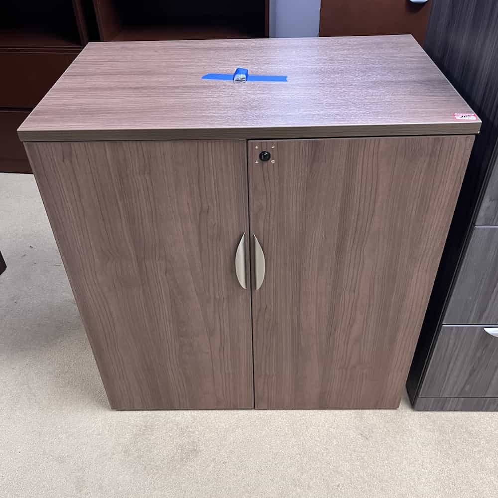 walnut 2 door storage cabinet laminate with silver pulls