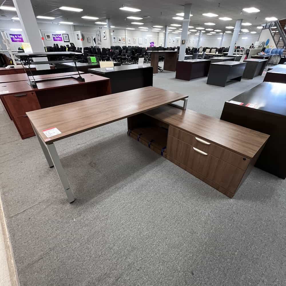 walnut laminate with grey mtal l-desk with right return and laminate on return modern contemporary used