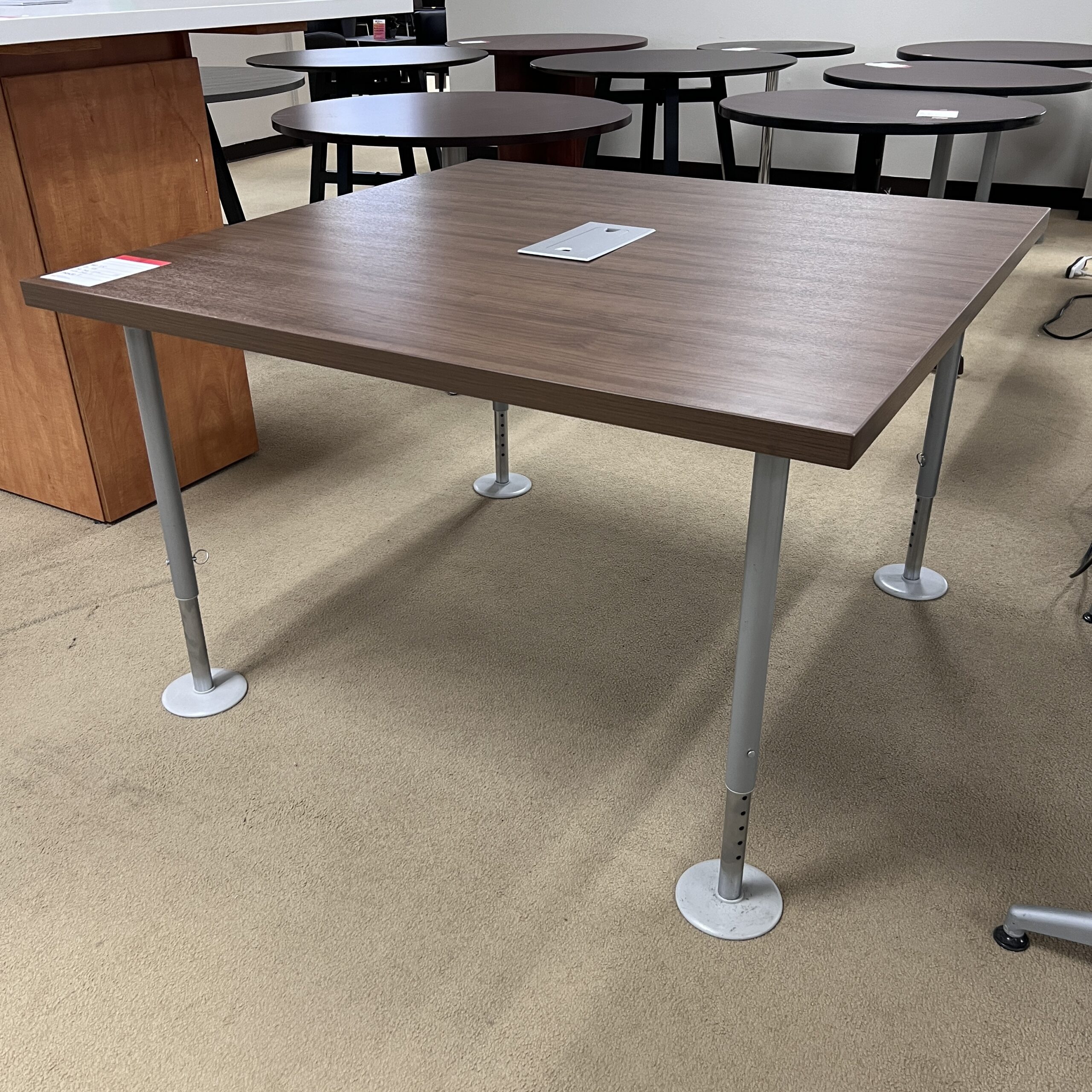 walnut square laminate table 48" with silver legs