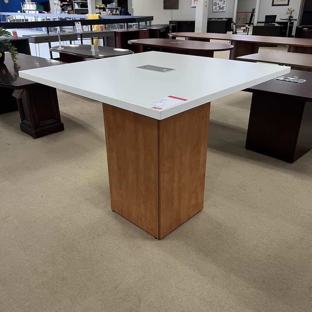 square bar height table with white top and honey base, laminate, cupboard base