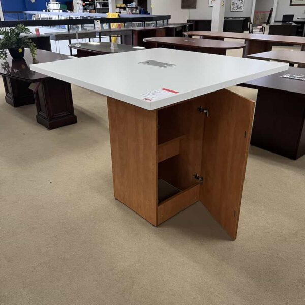 square bar height table with white top and honey base, laminate, cupboard base
